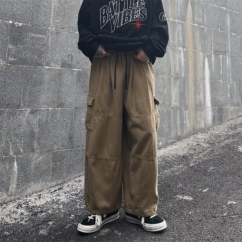 Men Sweatpants Straight Loose-Fitting Wide-Leg Trousers Drawstring Drape Ankle Banded Pants