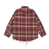 Men Long Sleeved T Shirt Spring and Autumn Lattice Long Sleeve Shirt Coat Vintage Cat Raw-Cut Edges Loose Shirt