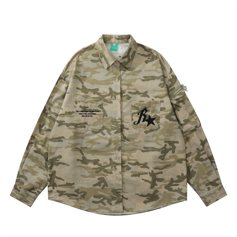 Men Long Sleeved T Shirt Camouflage Shirt Coat Men Street Fashion Loose Embroidery Letters Spring and Autumn Leisure