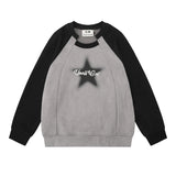 Men Hoodie Raglan Sleeve Crew Neck Pullover Sweatshirt Stitching Five-Pointed Star Printed Spring and Autumn Loose Top