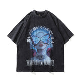 Men T Shirt Distressed Printed Short-Sleeved T-shirt Male and Female Personality Washed Loose