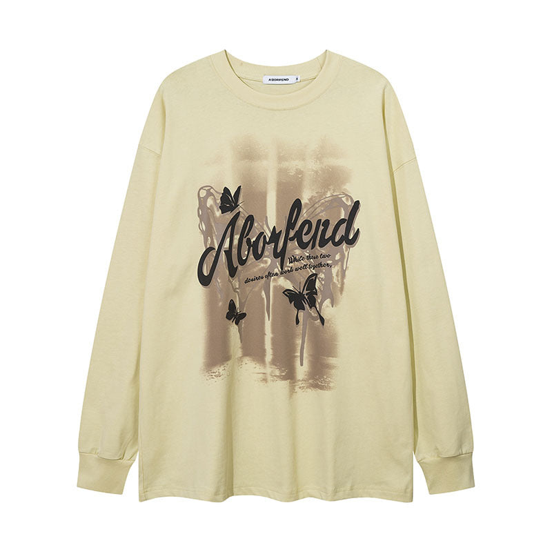 Men Long Sleeve Shirt Vintage Print Long Sleeve T-shirt Men and Women Vibe Idle Style round Neck