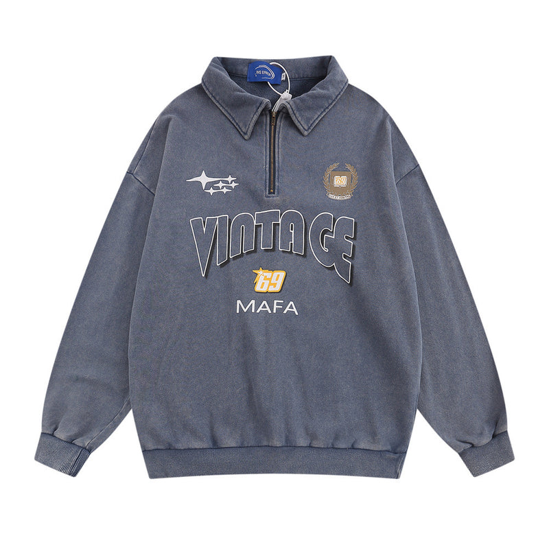 Men Hoodie Washed Distressed Letters Printing Lapel Sweater Men's Loose Spring and Autumn