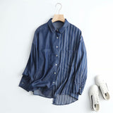 Women T-Shirt Spring and Autumn Polo Collar Stripes Denim Shirt