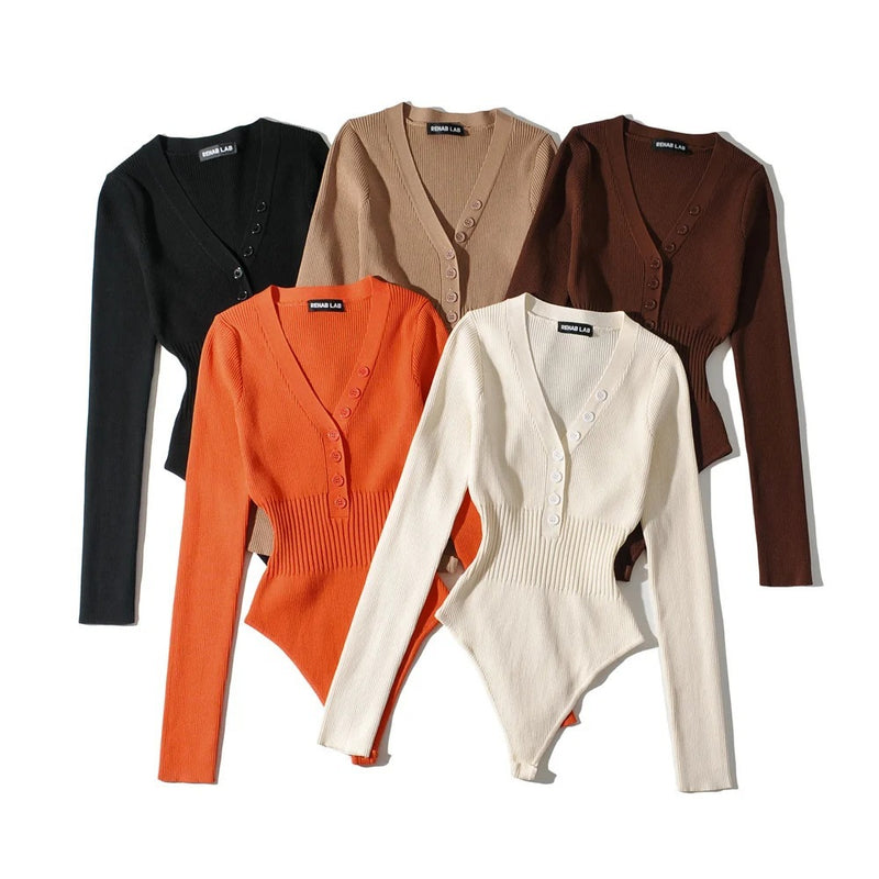 Women T-Shirt Spring V-neck Long-Sleeved Knitted Jumpsuit for Women
