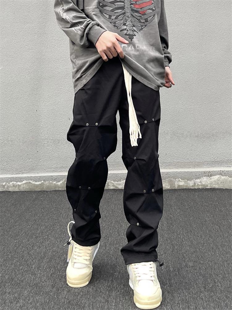 Men Sweatpants Pleated Design Braided Rope Skinny Straight Casual Trousers
