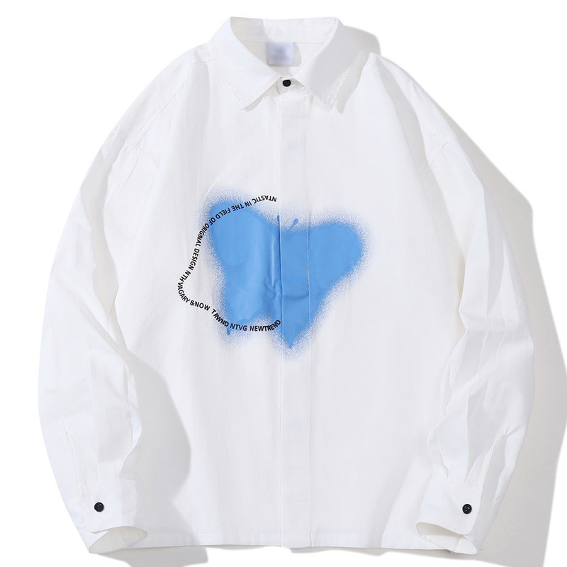 Men Long Sleeve T Shirt Ins Printed Long Sleeve Shirt Trendy Loose Lapels Shirt