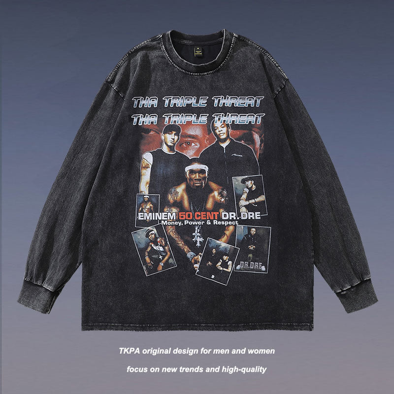 Men Long Sleeve Shirt Figure Washed Distressed Long Sleeve T-shirt Men and Women Hiphop Vintage Loose