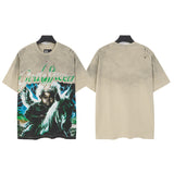 Godspeed t-shirt short-sleeved men's washed cotton printing hot diamond holes street clothing