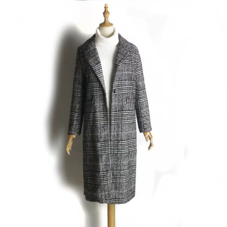 Plaid Trench Coat Autumn Winter Retro Houndstooth Design Mid-Length Woolen Coat