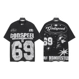 Godspeed t-shirt short-sleeved men's washed cotton printing hot diamond holes street clothing