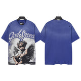 Godspeed t-shirt short-sleeved men's washed cotton printing hot diamond holes street clothing