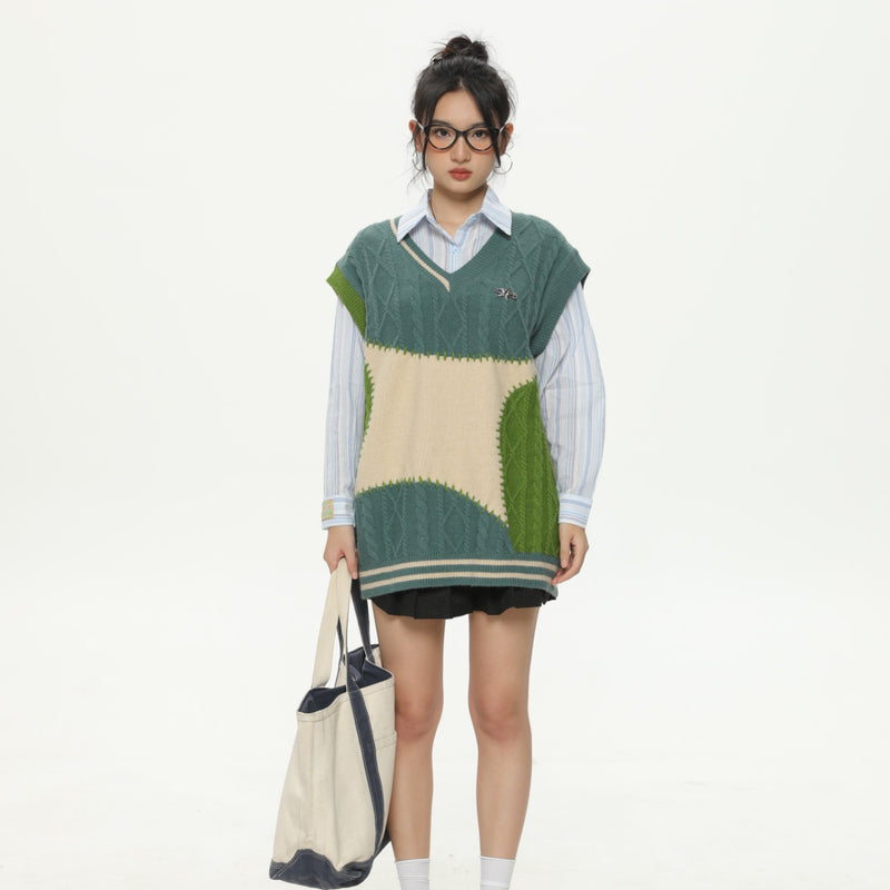 Unisex Sweatshirt Fall Color Contrast Patchwork Spring and Autumn Vest