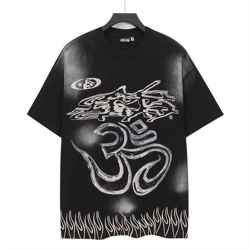 Men's t-shirt short-sleeved washed hot diamond printing g pure cotton hip hop street printing