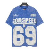 Godspeed t-shirt short-sleeved men's washed cotton printing hot diamond holes street clothing