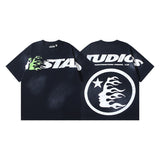 Men's short-sleeve t-shirt - washed print with hotfix rhinestones - 100% cotton - premium quality
