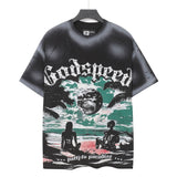 Godspeed t-shirt short-sleeved men's washed cotton printing hot diamond holes street clothing