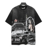 Men's t-shirt short-sleeved washed hot diamond printing g pure cotton hip hop street printing