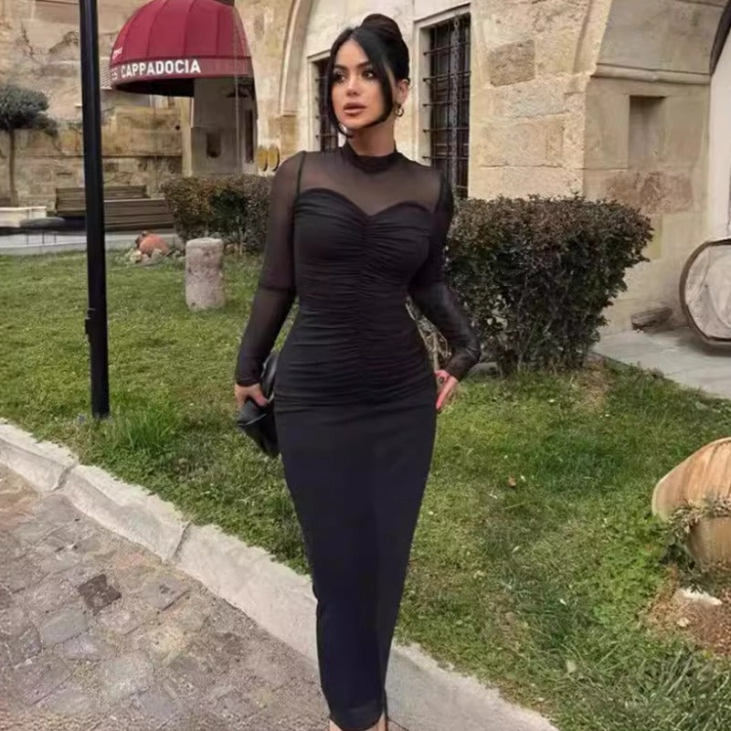 Women Dresses Spring round Neck Long Sleeve Voile Dress