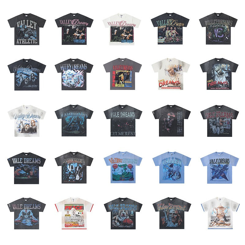 Valley t-shirt men's short-sleeved street printing hot diamond washed cotton