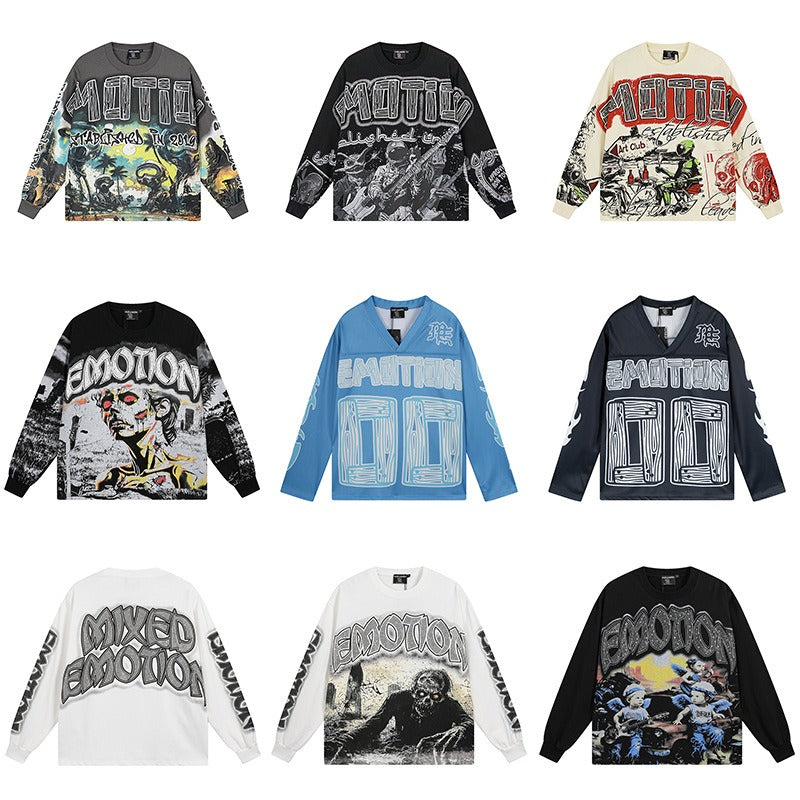 Long-sleeve t-shirt for men - rhinestone print, 100% cotton, hip-hop streetwear
