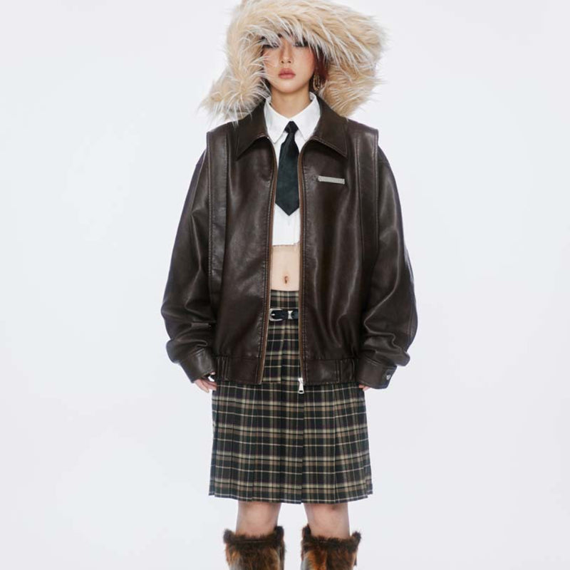 Unisex Jacket Autumn Distressed Elastic Lower Hem Leather Coat