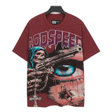 Godspeed t-shirt short-sleeved men's washed cotton printing hot diamond holes street clothing