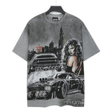 Men's t-shirt short-sleeved washed hot diamond printing g pure cotton hip hop street printing
