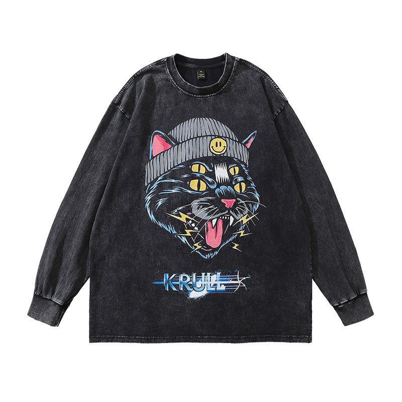 Men Long Sleeve Shirt Street Retro Cartoon Printed Distressed Long Sleeve T-shirt for Men and Women