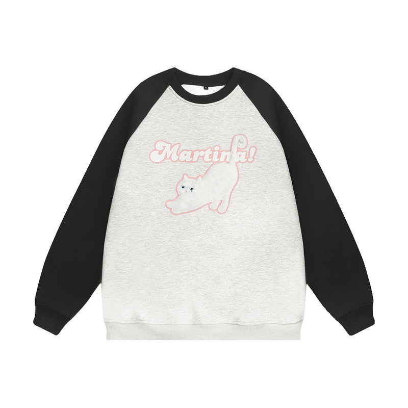 Men Hoodie Flocking Embroidered Kitten round Neck Sweater