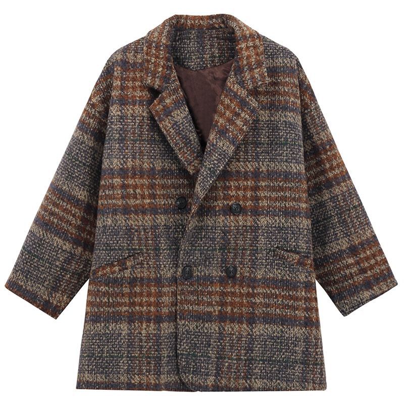 Plaid Trench Coat Fall Loose Plaid Woolen Coat Suit Coat for Women