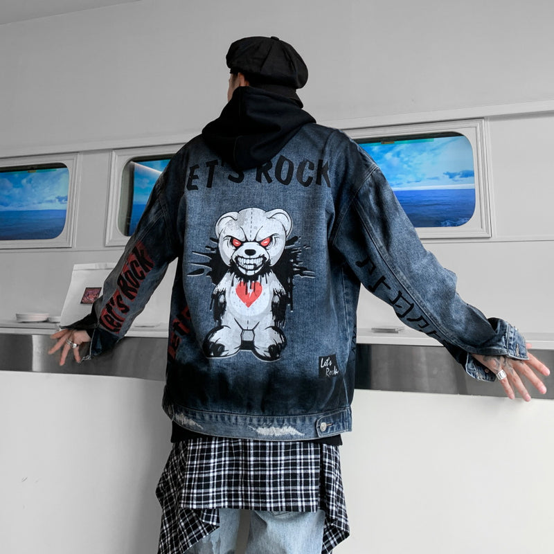 Men Denim Jacket Printed Jacket Men's Lapel Denim Jacket