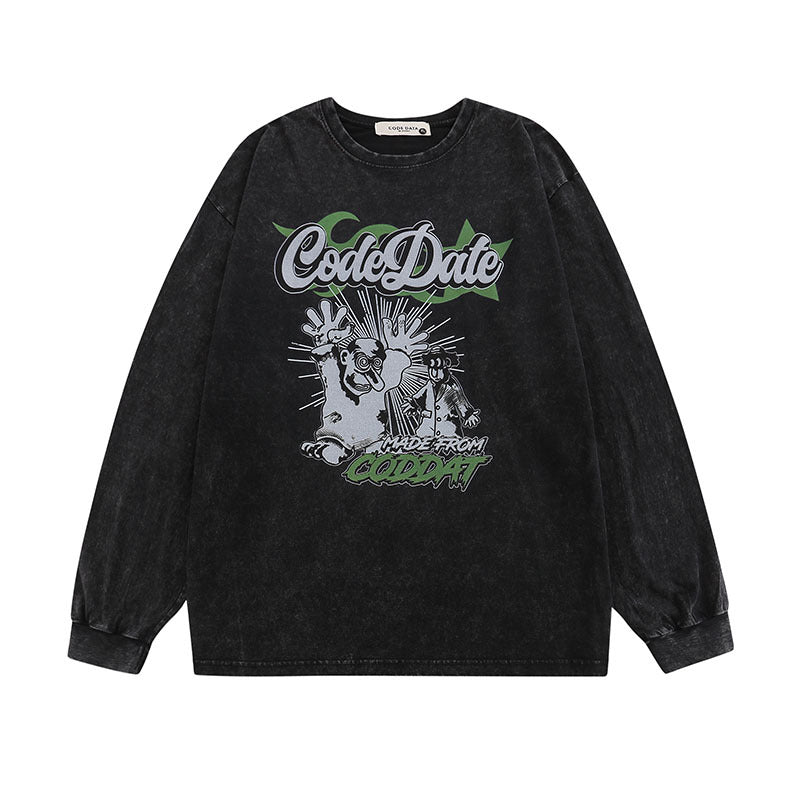 Men Long Sleeve Shirt Vintage Printed Washed Distressed Long Sleeve T-shirt Men and Women Vibe Idle Style Loose