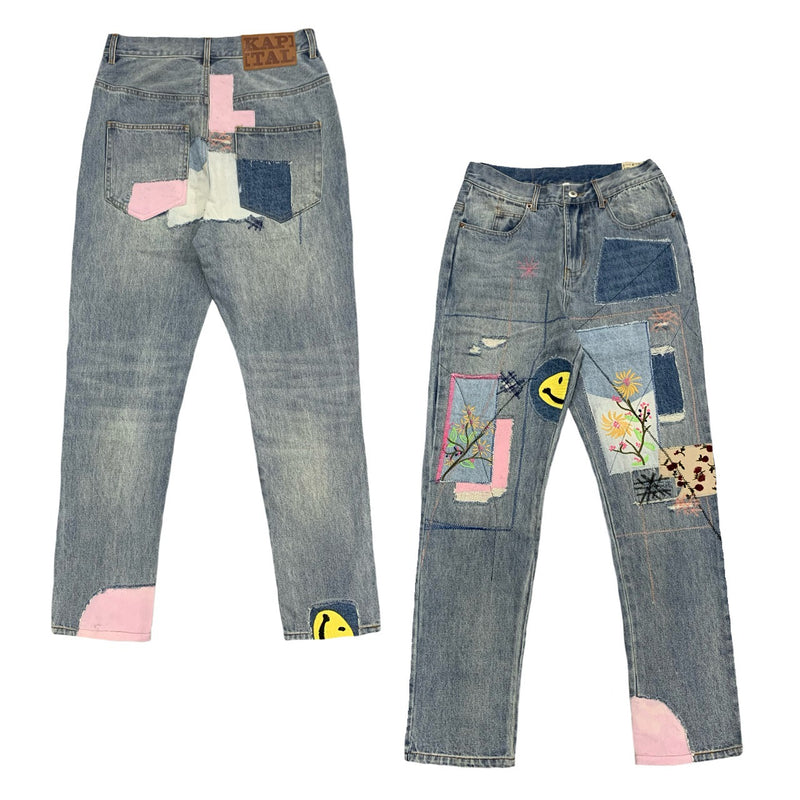 Kapital Jeans Hirata Kazuhiro smiley sticker ripped embroidery high street trendy brand denim trousers