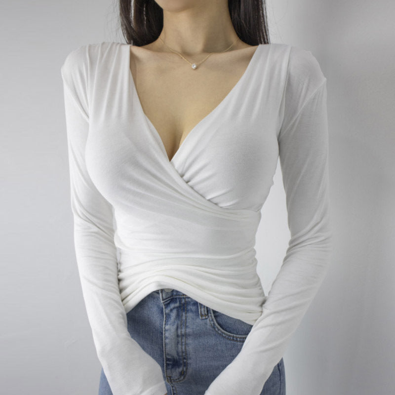 Women Long Sleeve Shirt V-neck Tight Bottoming Shirt Autumn