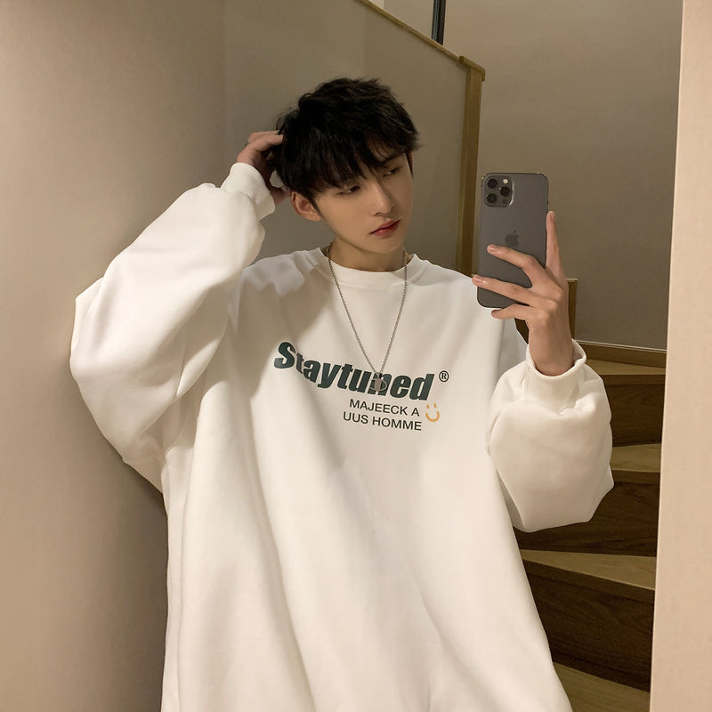 Men Hoodie round Neck Sweater Men's Long Sleeve Autumn and Winter Loose Coat