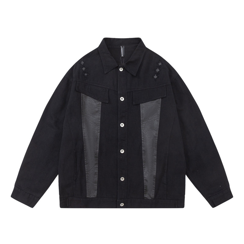 Men Denim Jacket Loose Denim Jacket Men's Spring and Autumn PU Leather Stitching Denim Jacket