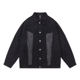 Men Denim Jacket Loose Denim Jacket Men's Spring and Autumn PU Leather Stitching Denim Jacket