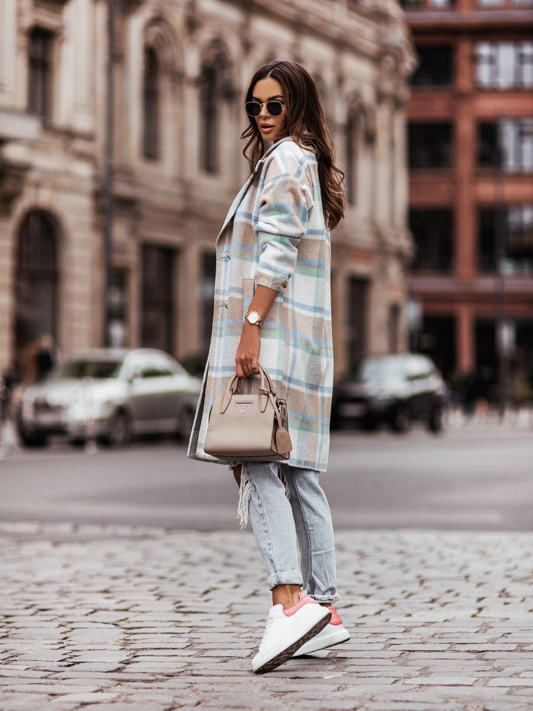 Plaid Trench Coat Woolen Women's Mid-Length Plaid plus Size Coat