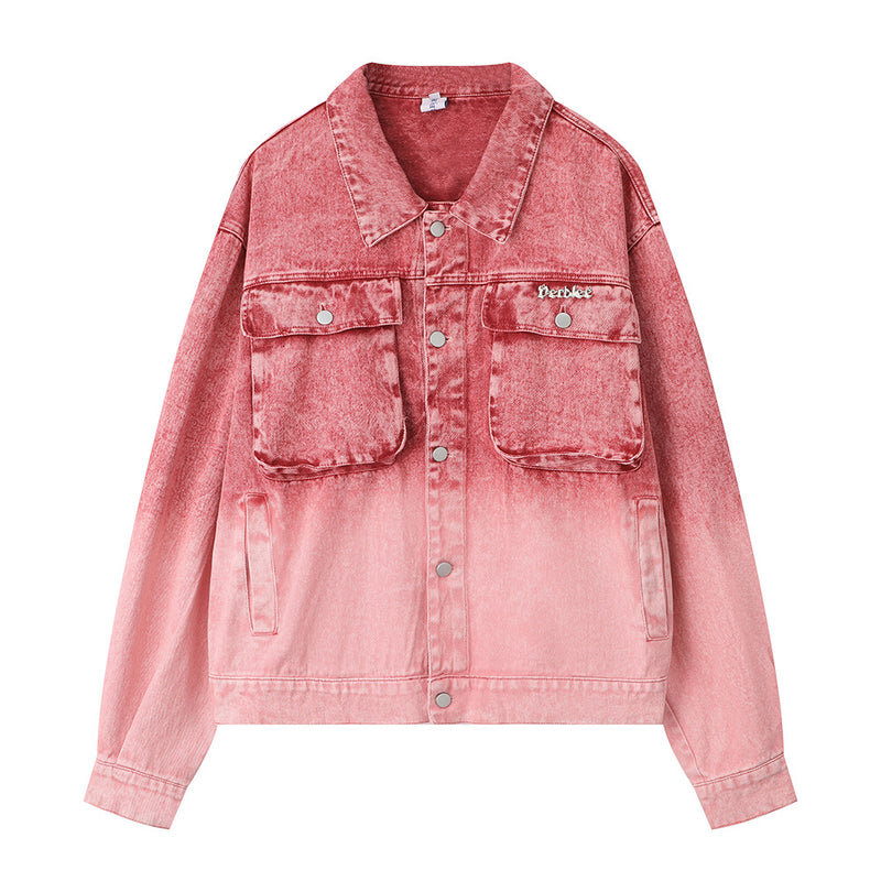 Men Denim Jacket Washed Tie-Dye Gradient Denim Jacket Men Workwear Denim Jacket Autumn