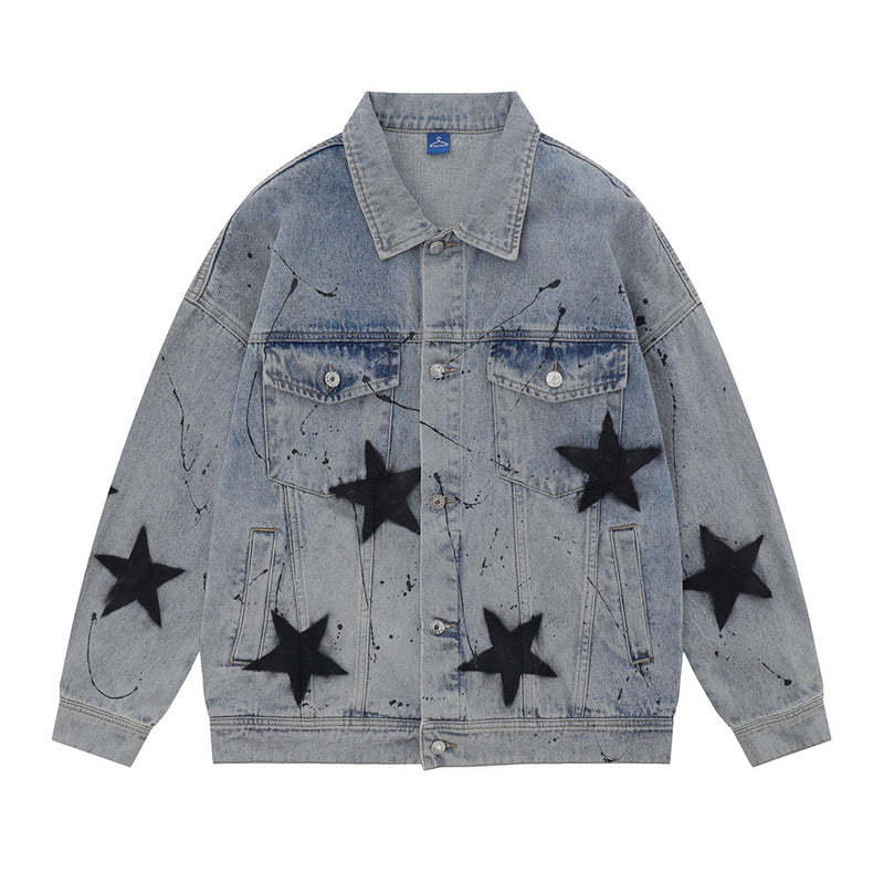 Men Denim Jacket Patterned Denim Jacket Washed and Worn Denim Jacket Men