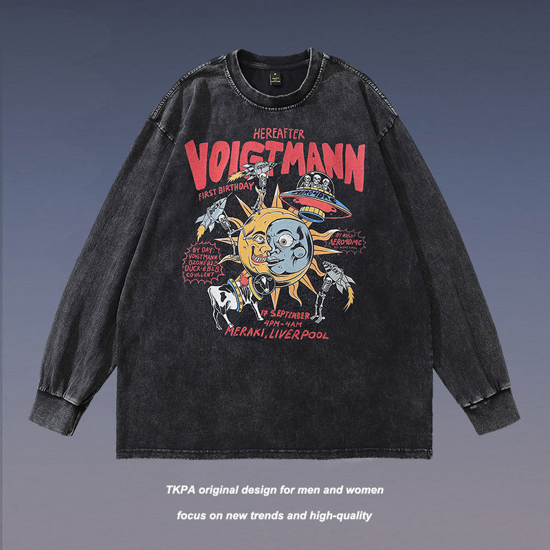 Men Long Sleeve Shirt Fashion Brand Vintage Printed Washed Long Sleeve T-shirt for Men and Women