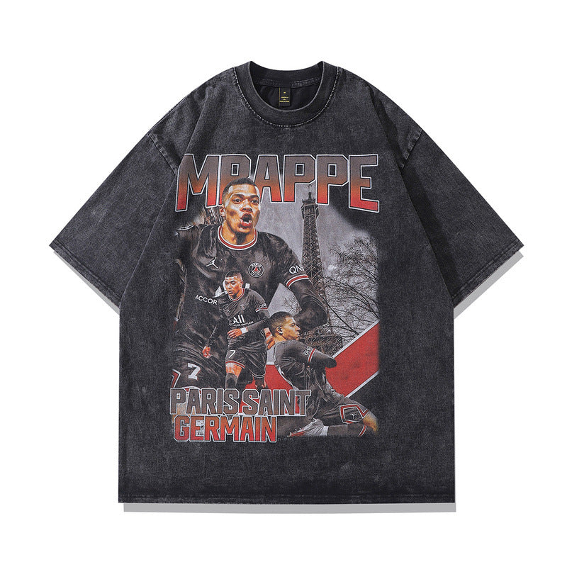 Men T Shirt Portrait Printing Distressed Short Sleeve T-shirt Men and Women Loose Washed-out
