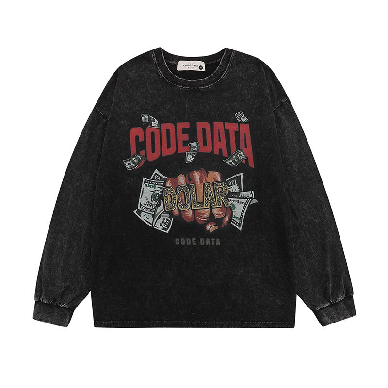Men Long Sleeve Shirt Vintage Washed Long Sleeve T-shirt Men and Women HipHop Fashion Brand Loose