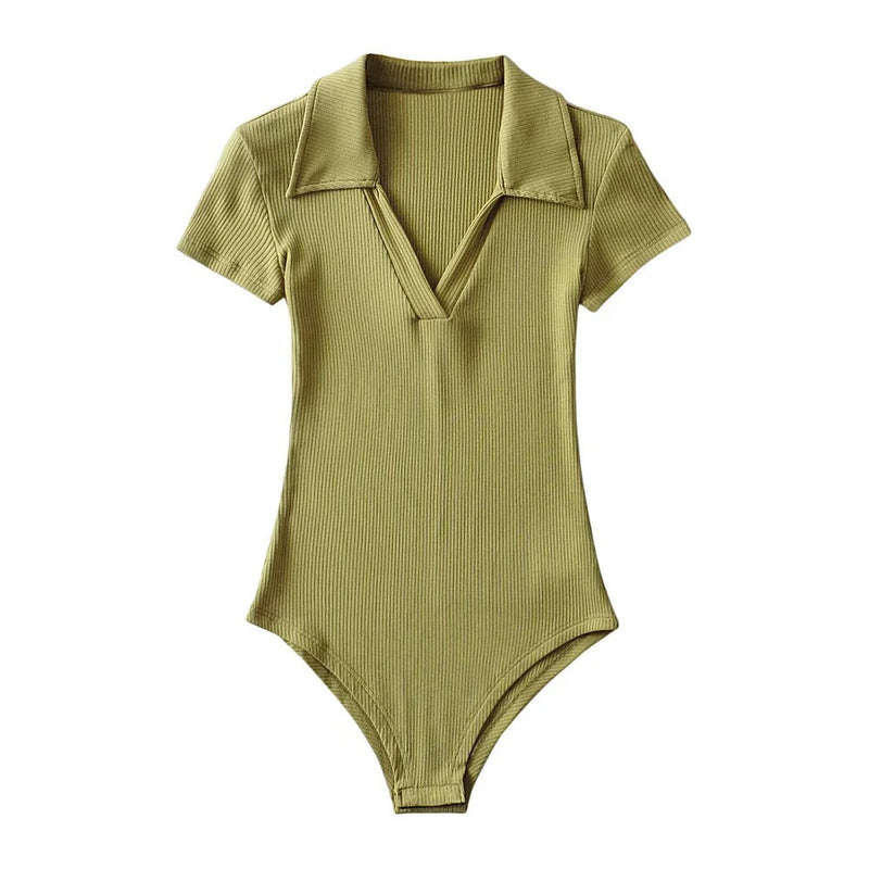 Women T-shirt Polo Collar Short Sleeve Tight Jumpsuit