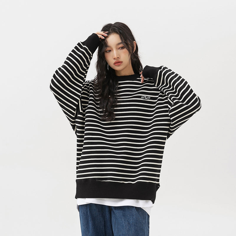 Unisex Hoodie Preppy Style Striped Loose round Neck Sweatshirt Men's Coat