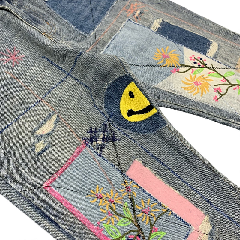 Kapital Jeans Hirata Kazuhiro smiley sticker ripped embroidery high street trendy brand denim trousers
