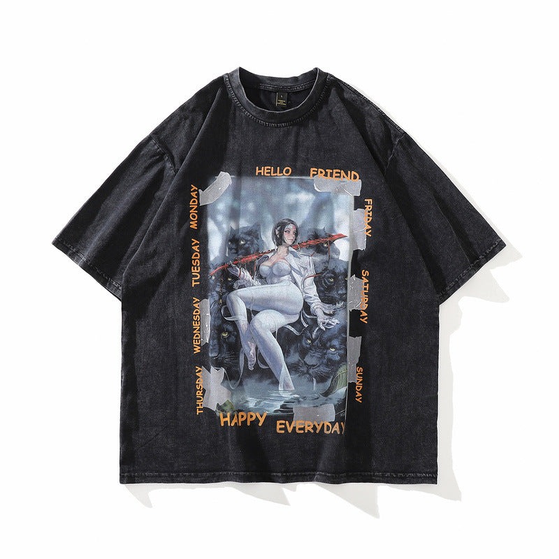 Men T Shirt Retro Portrait Printing Short Sleeve T-shirt Loose