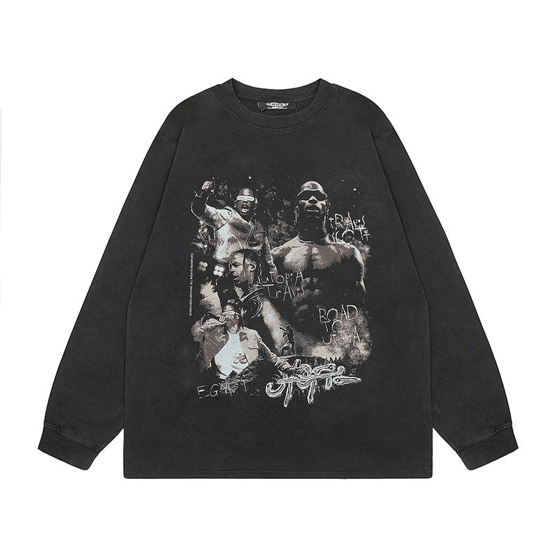 Men Long Sleeve Shirt Printed Leisure Washed-out Bottoming Long Sleeve T-shirt Men and Women
