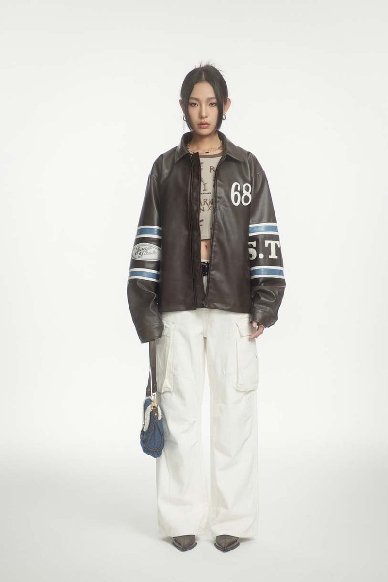 Unisex Jacket Fall Vintage Embroidery Leather Coat